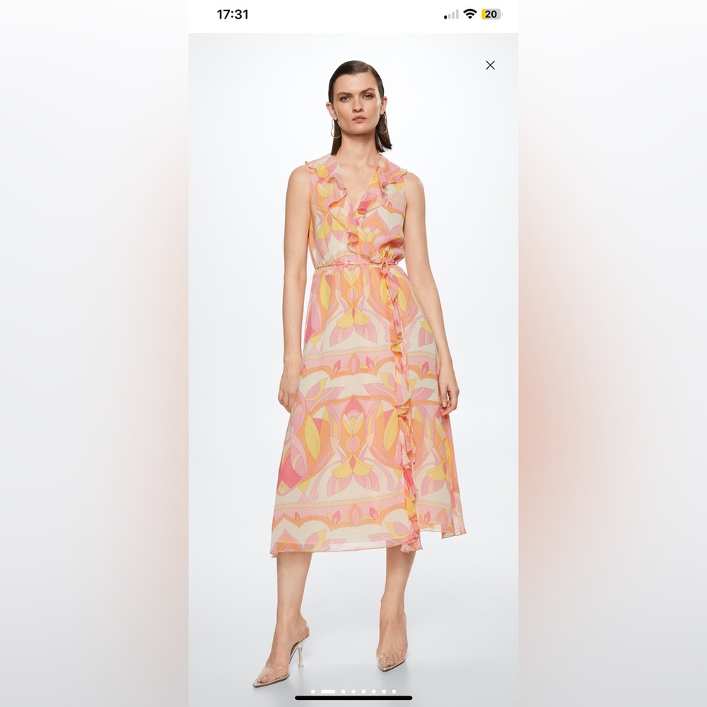 Mango Orange and Pink Ruffled Tiered printed Midi Dress size 8